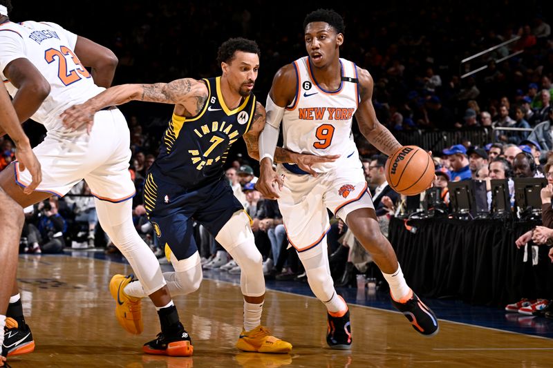 NEW YORK, NY - APRIL 9: RJ Barrett #9 of the New York Knicks dribbles the ball during the game against the Indiana Pacers on April 9, 2023 at Madison Square Garden in New York City, New York. NOTE TO USER: User expressly acknowledges and agrees that, by downloading and or using this photograph, User is consenting to the terms and conditions of the Getty Images License Agreement. Mandatory Copyright Notice: Copyright 2023 NBAE  (Photo by David Dow/NBAE via Getty Images)