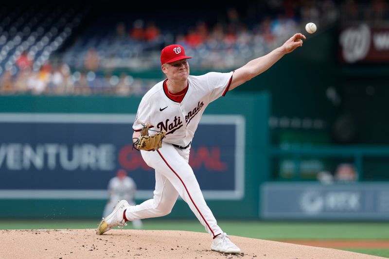 Jul 23, 2024; Washington, District of Columbia, USA; Washington Nationals starting pitcher DJ Herz (74) pitches against the San Diego Padres during the first inning at Nationals Park. Mandatory Credit: Geoff Burke-USA TODAY Sports