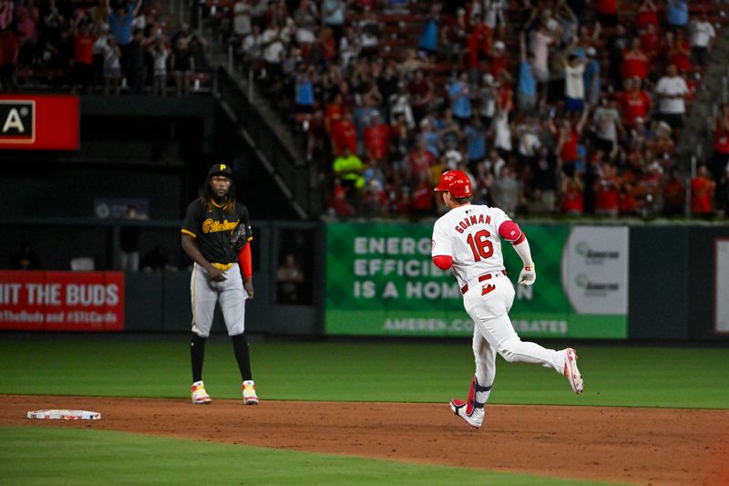 Jun 11, 2024; St. Louis, Missouri, USA;  St. Louis Cardinals second baseman Nolan Gorman (16) runs the bases after hitting a solo home run against the Pittsburgh Pirates during the ninth inning at Busch Stadium. Mandatory Credit: Jeff Curry-USA TODAY Sports