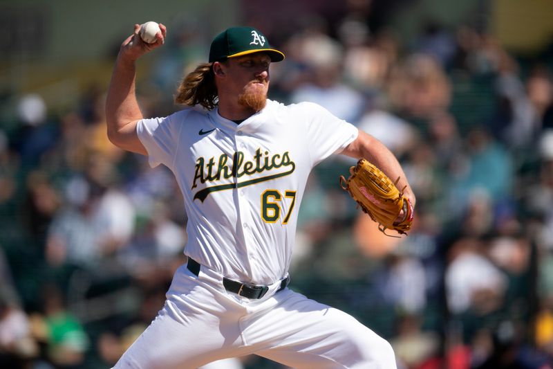May 7, 2025; West Sacramento, California, USA; Athletics pitcher Grant Holman (67) delivers a pitch against the Seattle Mariners during the ninth inning at Sutter Health Park. Mandatory Credit: D. Ross Cameron-Imagn Images