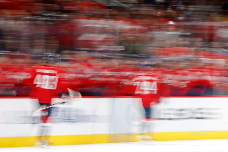 Oct 31, 2024; Washington, District of Columbia, USA; Washington Capitals center Connor McMichael (24) celebrates after scoring a goal against the Montreal Canadiens in the third period at Capital One Arena. Mandatory Credit: Geoff Burke-Imagn Images