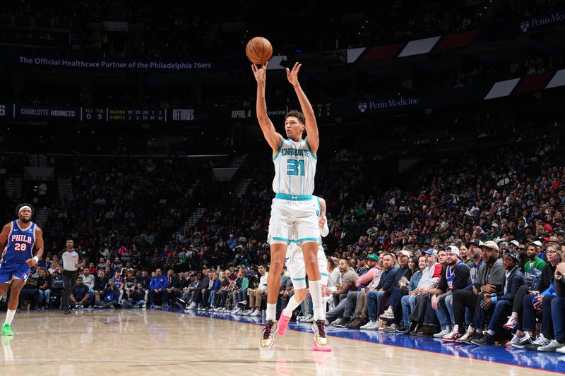 PHILADELPHIA, PA - NOVEMBER 10: Tidjane Salaun #31 of the Charlotte Hornets shoots the ball during the game against the Philadelphia 76ers on November 10, 2024 at the Wells Fargo Center in Philadelphia, Pennsylvania NOTE TO USER: User expressly acknowledges and agrees that, by downloading and/or using this Photograph, user is consenting to the terms and conditions of the Getty Images License Agreement. Mandatory Copyright Notice: Copyright 2024 NBAE (Photo by Jesse D. Garrabrant/NBAE via Getty Images)