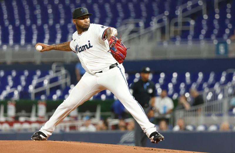 Apr 30, 2024; Miami, Florida, USA;  Miami Marlins pitcher Sixto Sanchez (18) delivers a pitch against the Colorado Rockies in the first inning at loanDepot Park. Mandatory Credit: Rhona Wise-USA TODAY Sports