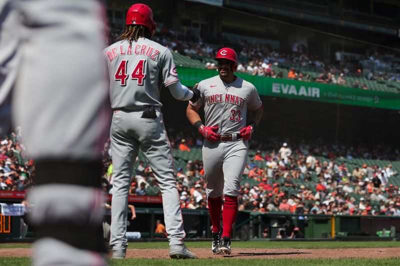 Aug 30, 2023; San Francisco, California, USA; Cincinnati Reds first baseman Christian Encarnacion-Strand (33) hits a two run home run during the eighth inning against the San Francisco Giants at Oracle Park. Mandatory Credit: Sergio Estrada-USA TODAY Sports