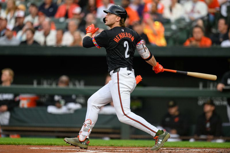 May 17, 2024; Baltimore, Maryland, USA; Baltimore Orioles shortstop Gunnar Henderson (2) hits a home run during the first inning against the Seattle Mariners at Oriole Park at Camden Yards. Mandatory Credit: Reggie Hildred-USA TODAY Sports