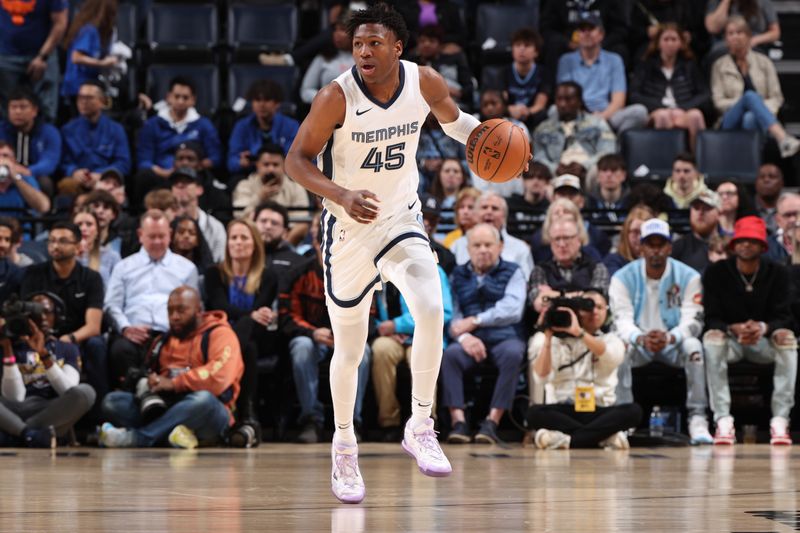 MEMPHIS, TN - February 26:  GG Jackson #45 of the Memphis Grizzlies handles the ball during the game against the Brooklyn Nets on February 26, 2024 at FedExForum in Memphis, Tennessee. NOTE TO USER: User expressly acknowledges and agrees that, by downloading and or using this photograph, User is consenting to the terms and conditions of the Getty Images License Agreement. Mandatory Copyright Notice: Copyright 2024 NBAE (Photo by Joe Murphy/NBAE via Getty Images)