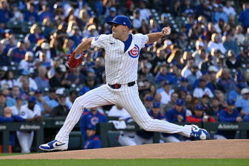 Apr 23, 2025; Chicago, Illinois, USA;  Chicago Cubs pitcher Matthew Boyd (16) delivers against the Los Angeles Dodgers during the first inning at Wrigley Field. Mandatory Credit: Matt Marton-Imagn Images