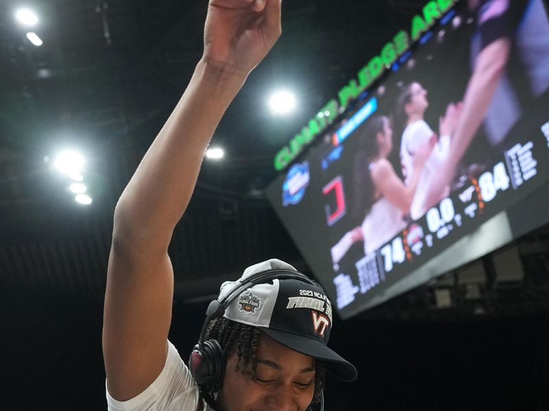 Mar 27, 2023; Seattle, WA, USA; Virginia Tech Hokies forward Taylor Soule (13) celebrates after defeating the Ohio State Buckeyes at Climate Pledge Arena. Mandatory Credit: Kirby Lee-USA TODAY Sports 