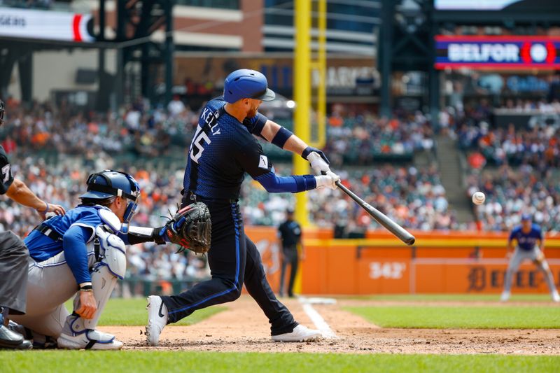 May 26, 2024; Detroit, Michigan, USA; Detroit Tigers catcher Carson Kelly (15) hits during an at bat in the third inning of the game against the Toronto Blue Jays at Comerica Park. Mandatory Credit: Brian Bradshaw Sevald-USA TODAY Sports