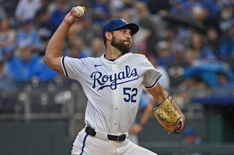 Jul 3, 2024; Kansas City, Missouri, USA;  Kansas City Royals starting pitcher Michael Wacha (52) delivers a pitch in the first inning against the Tampa Bay Rays at Kauffman Stadium. Mandatory Credit: Peter Aiken-USA TODAY Sports