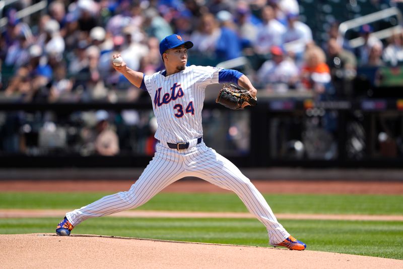 May 1, 2025; New York City, New York, USA; New York Mets pitcher Kodai Senga (34) delivers a pitch against the Arizona Diamondbacks during the first inning at Citi Field. Mandatory Credit: Gregory Fisher-Imagn Images