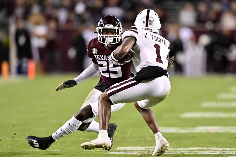 Nov 11, 2023; College Station, Texas, USA; Texas A&M Aggies defensive back Dalton Brooks (25) tackles Mississippi State Bulldogs wide receiver Zavion Thomas (1) during the fourth quarter at Kyle Field. Mandatory Credit: Maria Lysaker-USA TODAY Sports