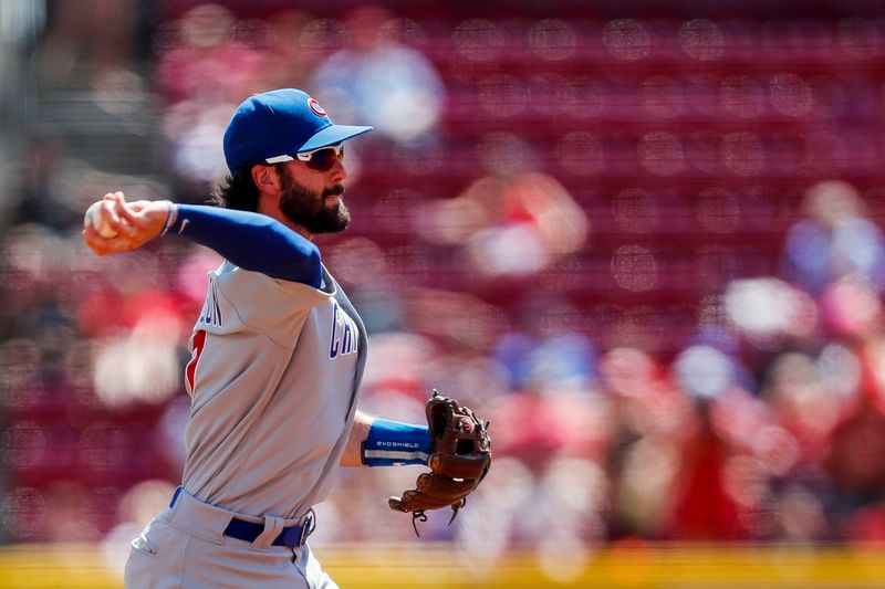 Sep 1, 2023; Cincinnati, Ohio, USA; Chicago Cubs shortstop Dansby Swanson (7) throws to first to get Cincinnati Reds first baseman Christian Encarnacion-Strand (not pictured) out in the second inning at Great American Ball Park. Mandatory Credit: Katie Stratman-USA TODAY Sports