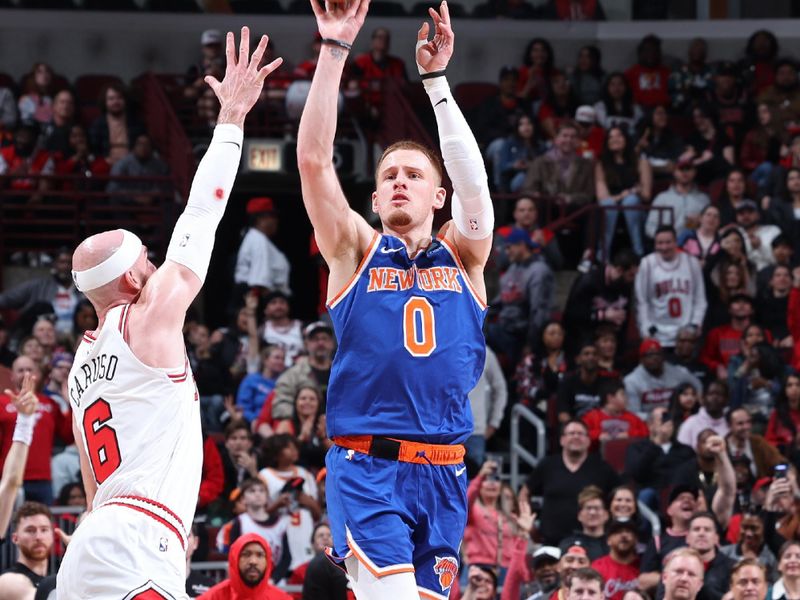 CHICAGO, IL - APRIL 9: Donte Divincenzo #0 of the New York Knicks shoots the ball during the game against the Chicago Bulls on April 9, 2024 at United Center in Chicago, Illinois. NOTE TO USER: User expressly acknowledges and agrees that, by downloading and or using this photograph, User is consenting to the terms and conditions of the Getty Images License Agreement. Mandatory Copyright Notice: Copyright 2024 NBAE (Photo by Jeff Haynes/NBAE via Getty Images)