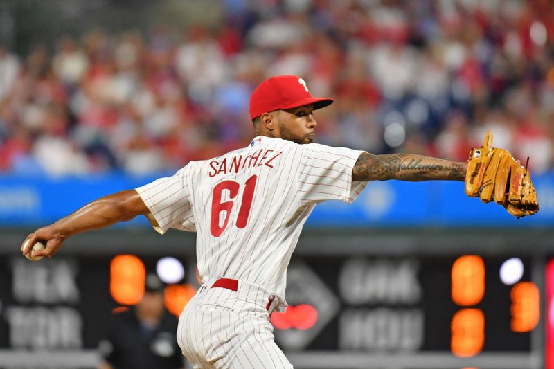 Sep 13, 2023; Philadelphia, Pennsylvania, USA; Philadelphia Phillies starting pitcher Cristopher Sanchez (61) throws a pitch against the Atlanta Braves during the fifth inning at Citizens Bank Park. Mandatory Credit: Eric Hartline-USA TODAY Sports