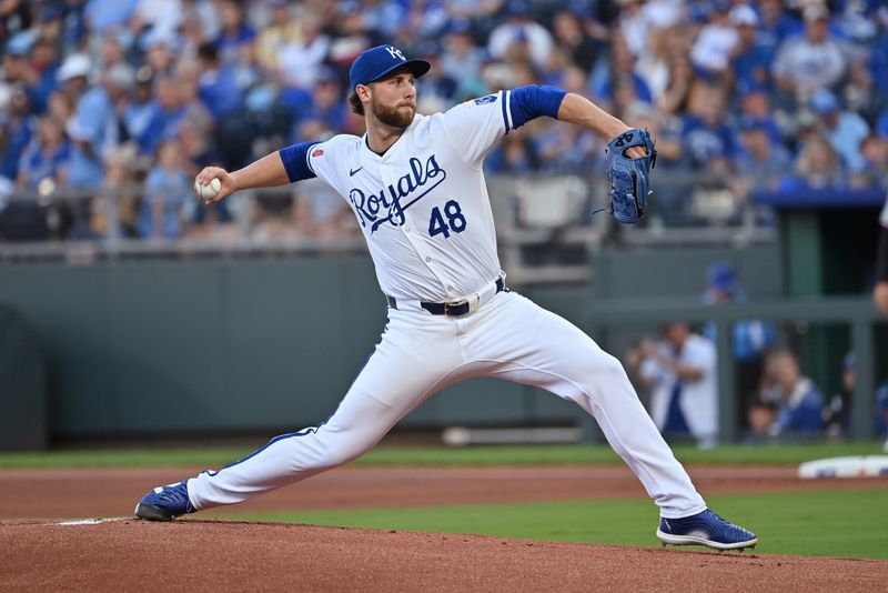 Sep 7, 2024; Kansas City, Missouri, USA; Kansas City Royals starting pitcher Alec Marsh (48) pitches in the first inning against the Minnesota Twins at Kauffman Stadium. Mandatory Credit: Peter Aiken-Imagn Images