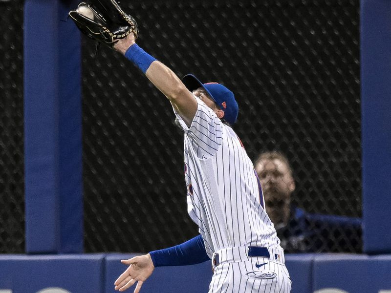 Aug 29, 2023; New York City, New York, USA; New York Mets second baseman Jeff McNeil (1) catches a fly ball during the sixth inning against the Texas Rangers at Citi Field. Mandatory Credit: John Jones-USA TODAY Sports