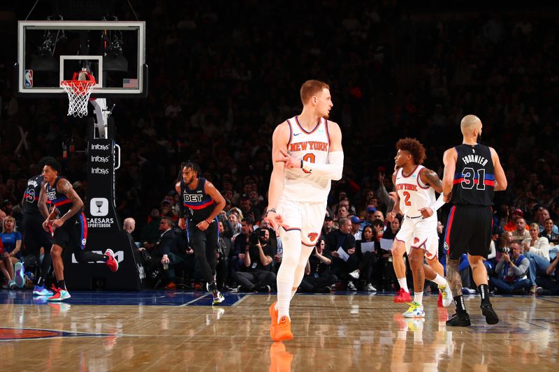 NEW YORK, NY - MARCH 25:  Donte Divincenzo #0 of the New York Knicks reacts during the game against the Detroit Pistons on March 25, 2024 at Madison Square Garden in New York City, New York.  NOTE TO USER: User expressly acknowledges and agrees that, by downloading and or using this photograph, User is consenting to the terms and conditions of the Getty Images License Agreement. Mandatory Copyright Notice: Copyright 2024 NBAE  (Photo by David L. Nemec /NBAE via Getty Images)