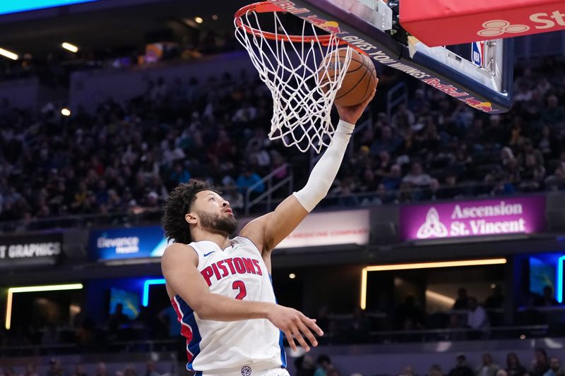 INDIANAPOLIS, INDIANA - NOVEMBER 29: Cade Cunningham #2 of the Detroit Pistons attempts a layup in the second quarter against the Indiana Pacers of the Emirates NBA Cup game at Gainbridge Fieldhouse on November 29, 2024 in Indianapolis, Indiana. NOTE TO USER: User expressly acknowledges and agrees that, by downloading and or using this photograph, User is consenting to the terms and conditions of the Getty Images License Agreement. (Photo by Dylan Buell/Getty Images)