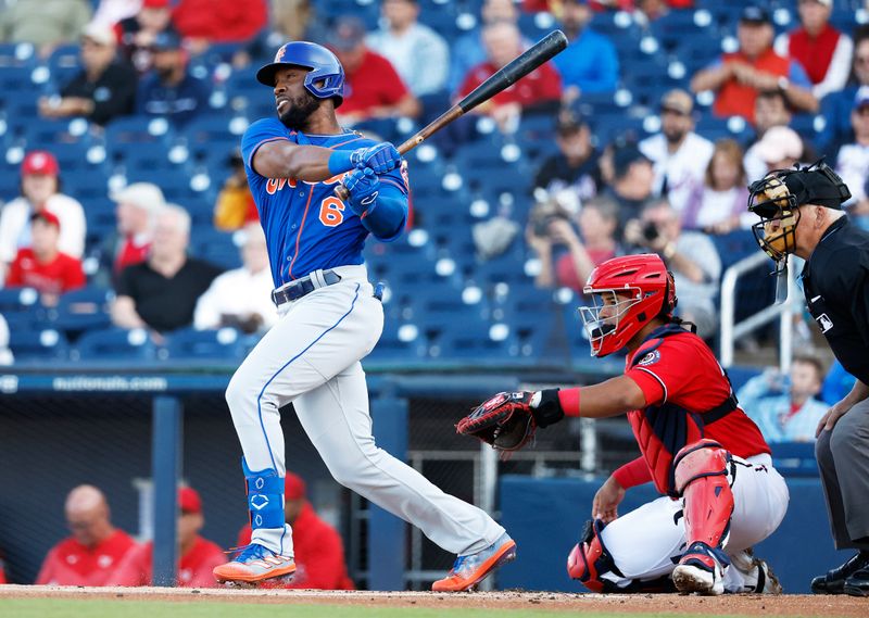 Mar 20, 2023; West Palm Beach, Florida, USA;  New York Mets right fielder Starling Marte (6) bats against the Washington Nationals during the first inning at The Ballpark of the Palm Beaches. Mandatory Credit: Rhona Wise-USA TODAY Sports