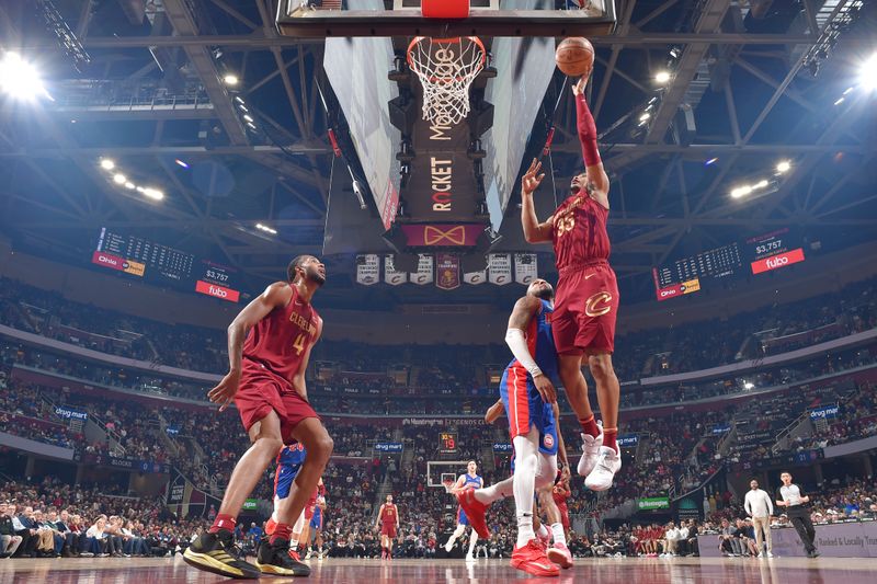 CLEVELAND, OH - JANUARY 31: Isaac Okoro #35 of the Cleveland Cavaliers drives to the basket during the game against the Detroit Pistons on January 31, 2024 at Rocket Mortgage FieldHouse in Cleveland, Ohio. NOTE TO USER: User expressly acknowledges and agrees that, by downloading and/or using this Photograph, user is consenting to the terms and conditions of the Getty Images License Agreement. Mandatory Copyright Notice: Copyright 2024 NBAE (Photo by David Liam Kyle/NBAE via Getty Images)