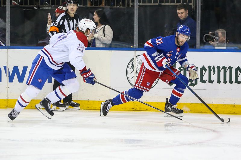 Feb 15, 2024; New York, New York, USA; Montreal Canadiens defenseman Kaiden Guhle (21) and New York Rangers center Barclay Goodrow (21) chase the puck in the second period at Madison Square Garden. Mandatory Credit: Wendell Cruz-USA TODAY Sports