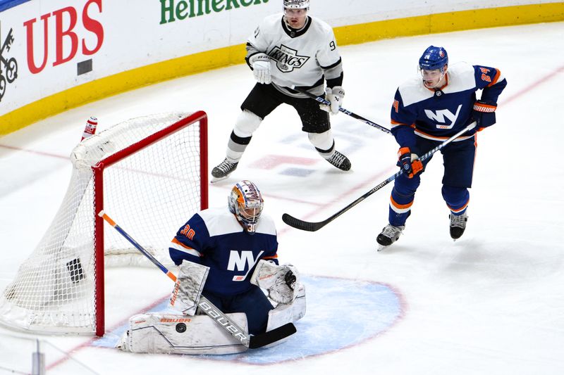 Dec 9, 2023; Elmont, New York, USA; New York Islanders goaltender Ilya Sorokin (30) makes a save against the Los Angeles Kings during the third period at UBS Arena. Mandatory Credit: John Jones-USA TODAY Sports