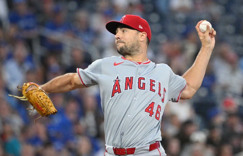 Aug 22, 2024; Toronto, Ontario, CAN;  Los Angeles Angels starting pitcher Brock Burke (46) delivers a pitch against the Toronto Blue Jays in the first inning at Rogers Centre. Mandatory Credit: Dan Hamilton-USA TODAY Sports