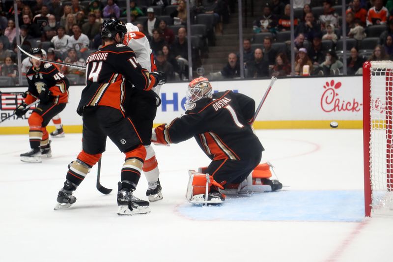 Nov 10, 2023; Anaheim, California, USA; Anaheim Ducks goaltender Lukas Dostal (1) gives up a goal against Philadelphia Flyers right wing Cam Atkinson (89) during the first period at Honda Center. Mandatory Credit: Kiyoshi Mio-USA TODAY Sports