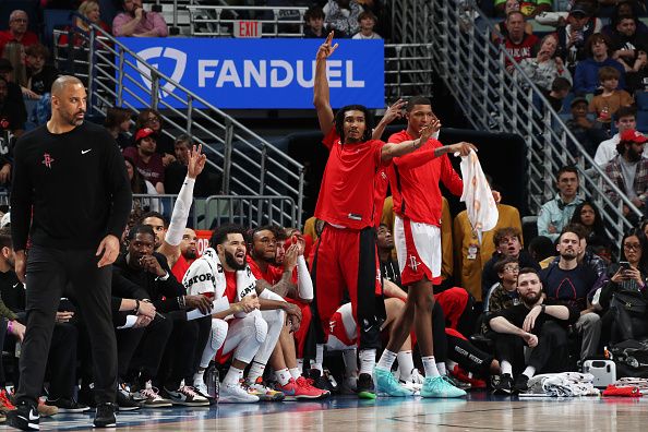 NEW ORLEANS, LA - DECEMBER 23: The Houston Rockets bench celebrates a three point basket during the game against the New Orleans Pelicans on December 23, 2023 at the Smoothie King Center in New Orleans, Louisiana. NOTE TO USER: User expressly acknowledges and agrees that, by downloading and or using this Photograph, user is consenting to the terms and conditions of the Getty Images License Agreement. Mandatory Copyright Notice: Copyright 2023 NBAE (Photo by Layne Murdoch Jr./NBAE via Getty Images)