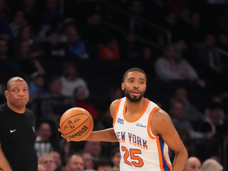 NEW YORK, NY - JANUARY 12: Mikal Bridges #25 of the New York Knicks dribbles the ball during the game against the Milwaukee Bucks on January 12, 2025 at Madison Square Garden in New York City, New York.  NOTE TO USER: User expressly acknowledges and agrees that, by downloading and or using this photograph, User is consenting to the terms and conditions of the Getty Images License Agreement. Mandatory Copyright Notice: Copyright 2025 NBAE  (Photo by Jesse D. Garrabrant/NBAE via Getty Images)