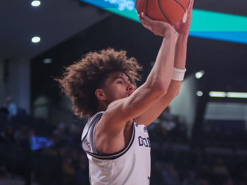 Jan 4, 2025; Atlanta, Georgia, USA; Georgia Tech Yellow Jackets guard Naithan George (1) shoots against the Boston College Eagles in the second half at McCamish Pavilion. Mandatory Credit: Brett Davis-Imagn Images
