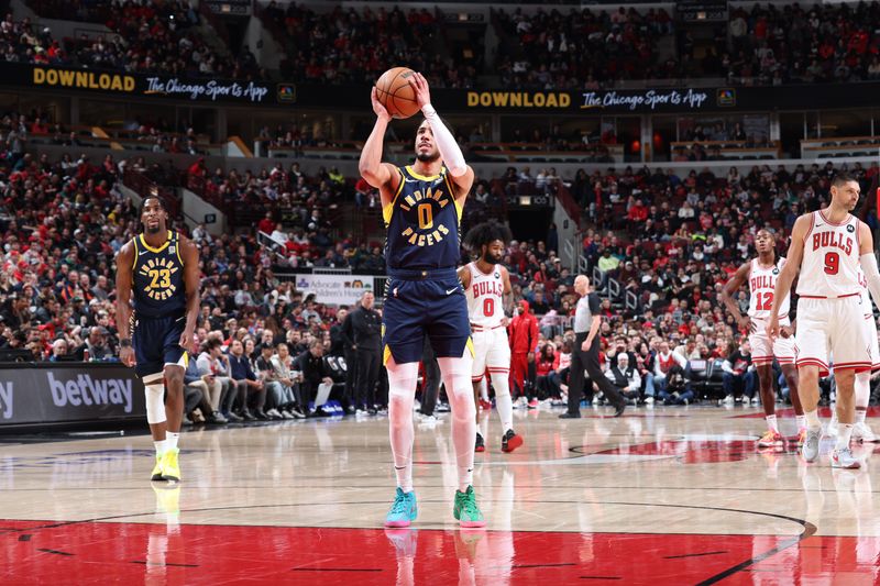 CHICAGO, IL - MARCH 27: Tyrese Haliburton #0 of the Indiana Pacers shoots a free throw during the game against the Chicago Bulls on March 27, 2024 at United Center in Chicago, Illinois. NOTE TO USER: User expressly acknowledges and agrees that, by downloading and or using this photograph, User is consenting to the terms and conditions of the Getty Images License Agreement. Mandatory Copyright Notice: Copyright 2024 NBAE (Photo by Jeff Haynes/NBAE via Getty Images)