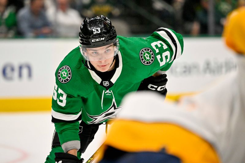 Apr 3, 2023; Dallas, Texas, USA; Dallas Stars center Wyatt Johnston (53) waits for the face-off in the Nashville Predators zone during the second period at the American Airlines Center. Mandatory Credit: Jerome Miron-USA TODAY Sports