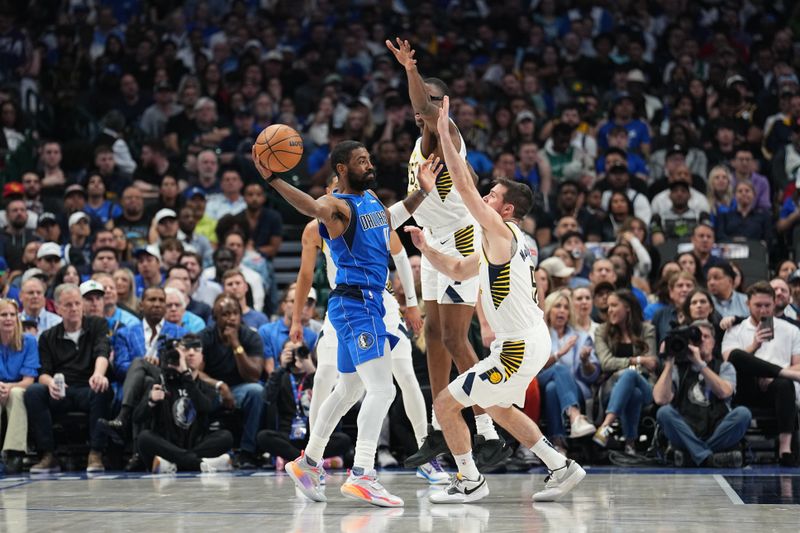 DALLAS, TX - MARCH 5: Kyrie Irving #11 of the Dallas Mavericks looks to pass the ball during the game against the Indiana Pacers on March 5, 2024 at the American Airlines Center in Dallas, Texas. NOTE TO USER: User expressly acknowledges and agrees that, by downloading and or using this photograph, User is consenting to the terms and conditions of the Getty Images License Agreement. Mandatory Copyright Notice: Copyright 2024 NBAE (Photo by Glenn James/NBAE via Getty Images)