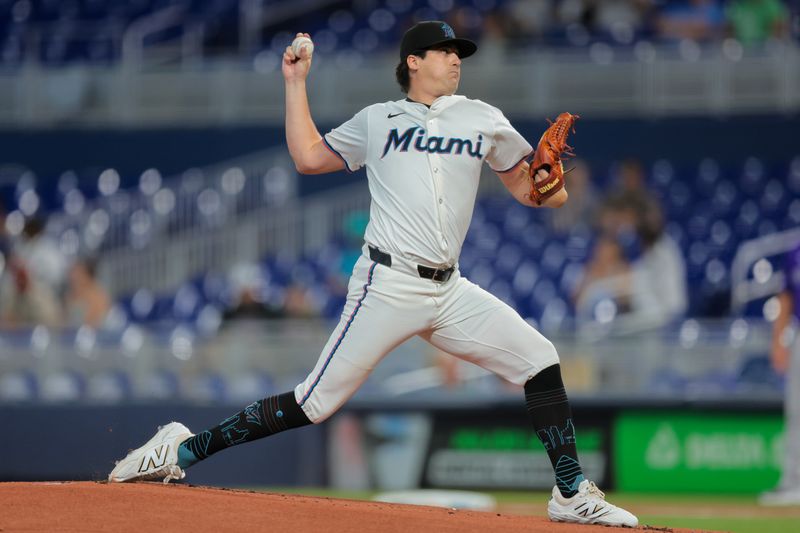 Jun 4, 2025; Miami, Florida, USA; Miami Marlins starting pitcher Cal Quantrill (47) delivers a pitch against the Colorado Rockies during the first inning at loanDepot Park. Mandatory Credit: Sam Navarro-Imagn Images