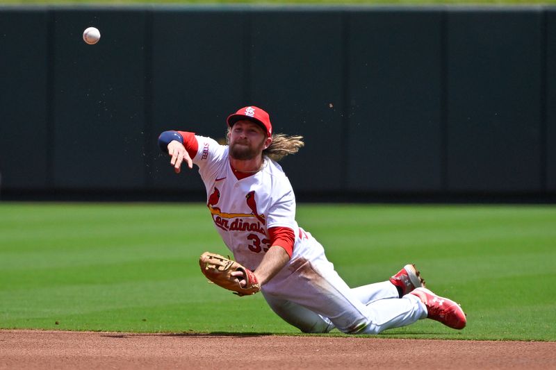 Jun 14, 2023; St. Louis, Missouri, USA; St. Louis Cardinals second baseman Brendan Donovan (33) throws from his knees against the San Francisco Giants during the first inning at Busch Stadium. Mandatory Credit: Jeff Curry-USA TODAY Sports