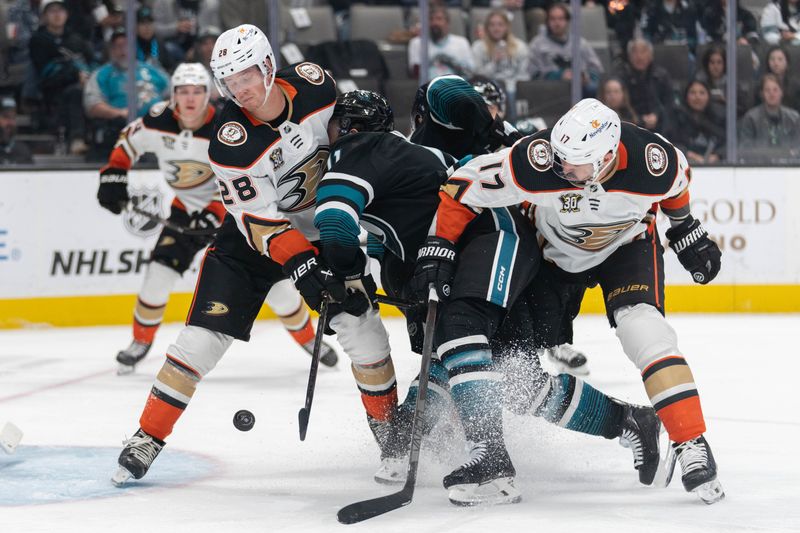 Feb 29, 2024; San Jose, California, USA;  San Jose Sharks center Luke Kunin (11) collides into Anaheim Ducks defenseman Gustav Lindstrom (28) and left wing Alex Killorn (17) during the second period at SAP Center at San Jose. Mandatory Credit: Stan Szeto-USA TODAY Sports