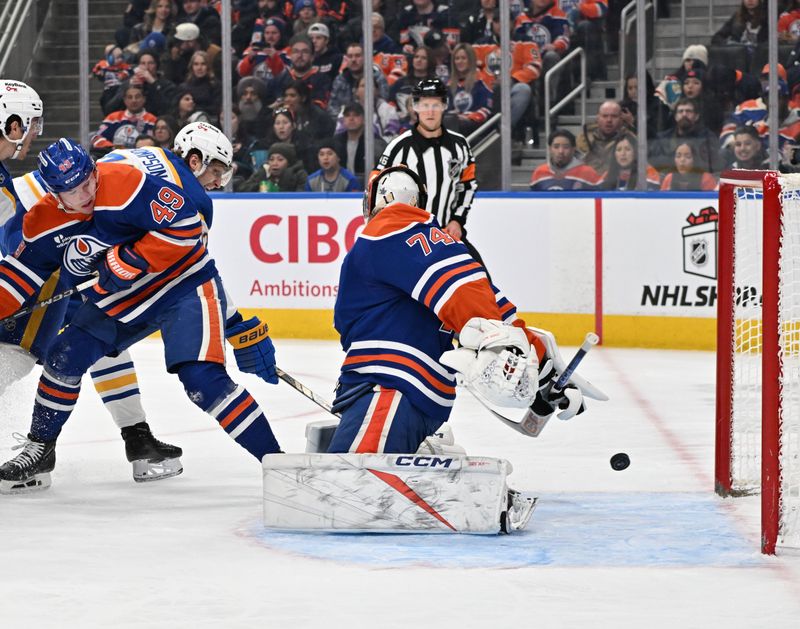 Dec 9, 2025; Edmonton, Alberta, CAN; Buffalo Sabres center Tage Thompson (72) shoots the puck on Edmonton Oilers goalie Stuart Skinner (74) during the second period at Rogers Place. Mandatory Credit: Walter Tychnowicz-Imagn Images