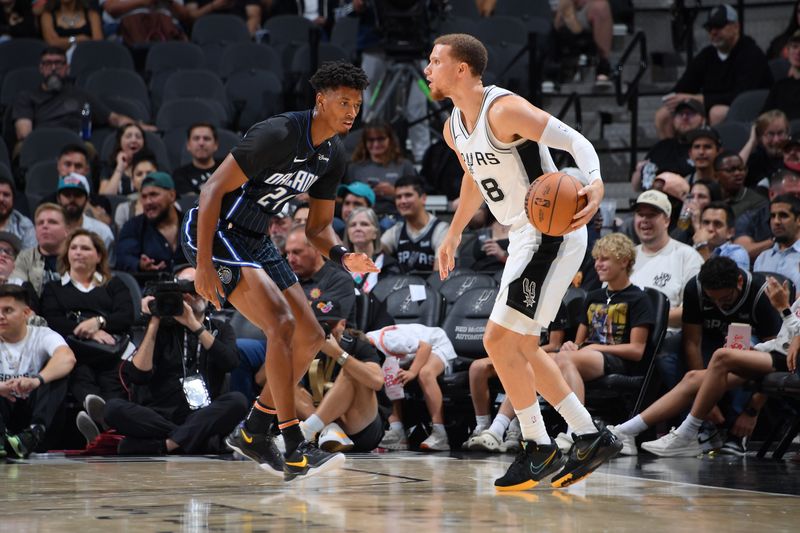 SAN ANTONIO, TX - OCTOBER 9: Malachi Flynn #18 of the San Antonio Spurs handles the ball during the game against the Orlando Magic during a NBA preseason game on October 9, 2024 at the Frost Bank Center in San Antonio, Texas. NOTE TO USER: User expressly acknowledges and agrees that, by downloading and or using this photograph, user is consenting to the terms and conditions of the Getty Images License Agreement. Mandatory Copyright Notice: Copyright 2024 NBAE (Photos by Michael Gonzales/NBAE via Getty Images)