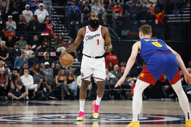 INGLEWOOD, CALIFORNIA - DECEMBER 01:  James Harden #1 of the LA Clippers in the first half at Intuit Dome on December 01, 2024 in Inglewood, California.  NOTE TO USER: User expressly acknowledges and agrees that, by downloading and or using this photograph, User is consenting to the terms and conditions of the Getty Images License Agreement. (Photo by Ronald Martinez/Getty Images)