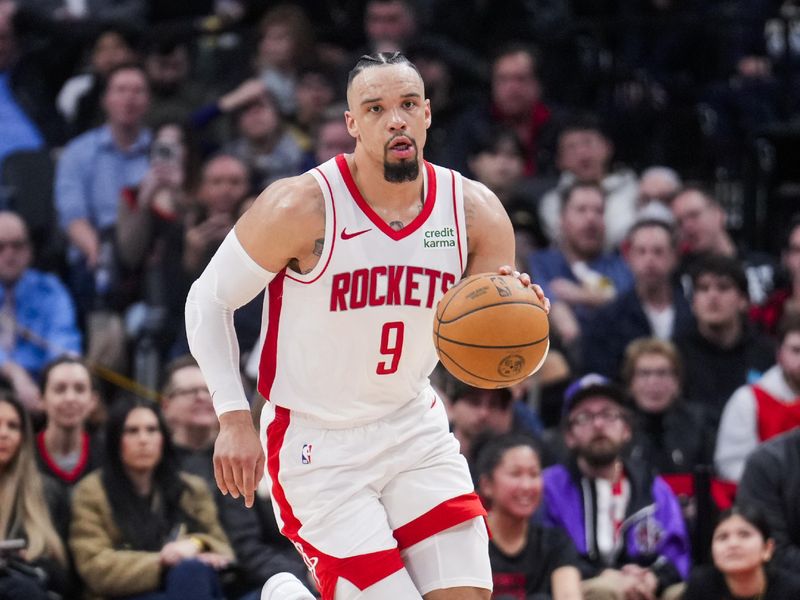 TORONTO, ON - FEBRUARY 9: Dillon Brooks #9 of the Houston Rockets dribbles against the Toronto Raptors during the second half of their basketball game at the Scotiabank Arena on February 9, 2024 in Toronto, Ontario, Canada. NOTE TO USER: User expressly acknowledges and agrees that, by downloading and/or using this Photograph, user is consenting to the terms and conditions of the Getty Images License Agreement. (Photo by Mark Blinch/Getty Images)