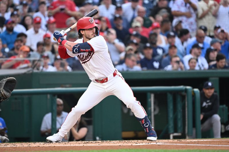 Aug 26, 2024; Washington, District of Columbia, USA; Washington Nationals center fielder Dylan Crews (3) during his first MLB at bat during the first inning against the New York Yankees at Nationals Park. Mandatory Credit: Rafael Suanes-USA TODAY Sports