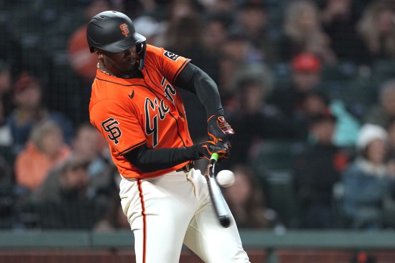 Apr 26, 2024; San Francisco, California, USA; San Francisco Giants designated hitter Jorge Soler (2) breaks his bat on a swing during the fourth inning against the Pittsburgh Pirates at Oracle Park. Mandatory Credit: Darren Yamashita-USA TODAY Sports