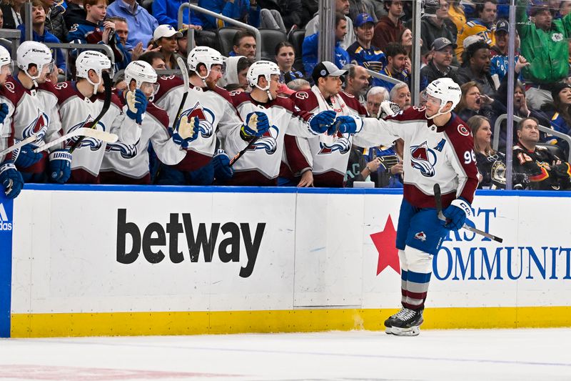 Mar 19, 2024; St. Louis, Missouri, USA;  Colorado Avalanche right wing Mikko Rantanen (96) is congratulated by teammates after scores ring against the St. Louis Blues at Enterprise Center. Mandatory Credit: Jeff Curry-USA TODAY Sports