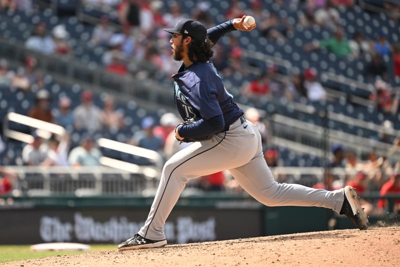 May 26, 2024; Washington, District of Columbia, USA; Seattle Mariners relief pitcher Andres Munoz (75) throws a pitch against the Washington Nationals during the ninth inning at Nationals Park. Mandatory Credit: Rafael Suanes-USA TODAY Sports
