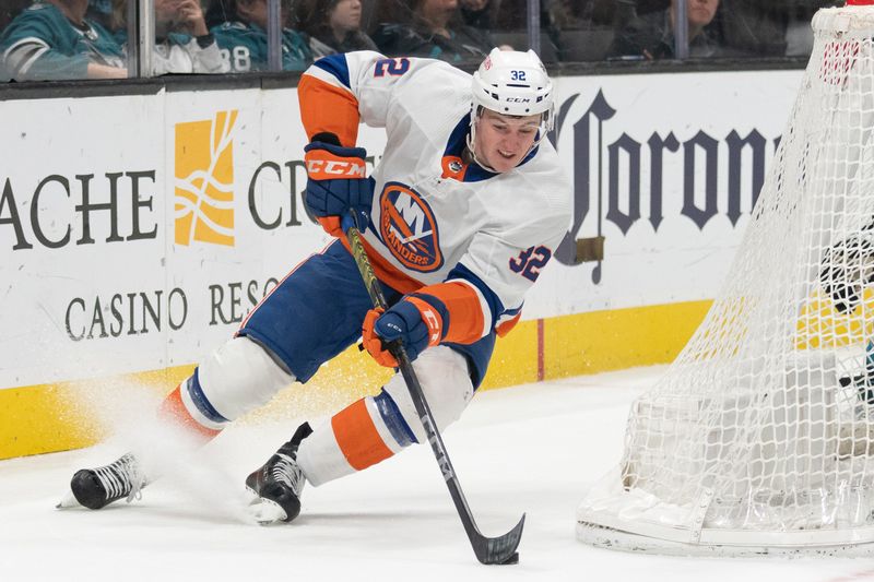 Mar 7, 2024; San Jose, California, USA; New York Islanders center Kyle MacLean (32) controls the puck during the first period against the San Jose Sharks at SAP Center at San Jose. Mandatory Credit: Stan Szeto-USA TODAY Sports