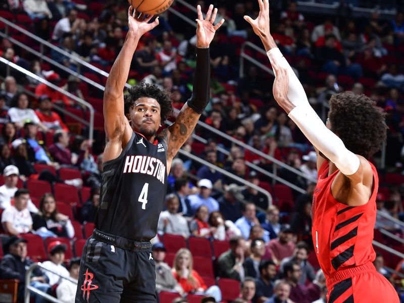 HOUSTON, TX - JANUARY 24: Jalen Green #4 of the Houston Rockets shoots the ball during the game against the Portland Trail Blazers on January 24, 2024 at the Toyota Center in Houston, Texas. NOTE TO USER: User expressly acknowledges and agrees that, by downloading and or using this photograph, User is consenting to the terms and conditions of the Getty Images License Agreement. Mandatory Copyright Notice: Copyright 2024 NBAE (Photo by Logan Riely/NBAE via Getty Images)