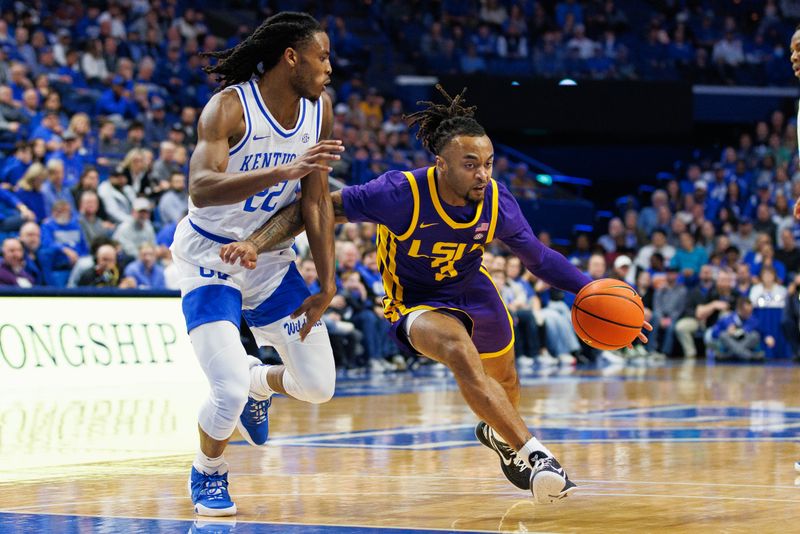 Jan 3, 2023; Lexington, Kentucky, USA; LSU Tigers guard Justice Hill (3) drives to the basket against Kentucky Wildcats guard Cason Wallace (22) during the first half at Rupp Arena at Central Bank Center. Mandatory Credit: Jordan Prather-USA TODAY Sports