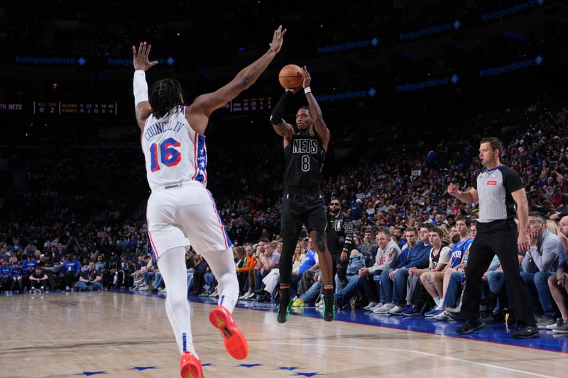 PHILADELPHIA, PA - APRIL 14: Lonnie Walker IV #8 of the Brooklyn Nets shoots the ball during the game against the Philadelphia 76ers on April 14, 2024 at the Wells Fargo Center in Philadelphia, Pennsylvania NOTE TO USER: User expressly acknowledges and agrees that, by downloading and/or using this Photograph, user is consenting to the terms and conditions of the Getty Images License Agreement. Mandatory Copyright Notice: Copyright 2024 NBAE (Photo by Jesse D. Garrabrant/NBAE via Getty Images)